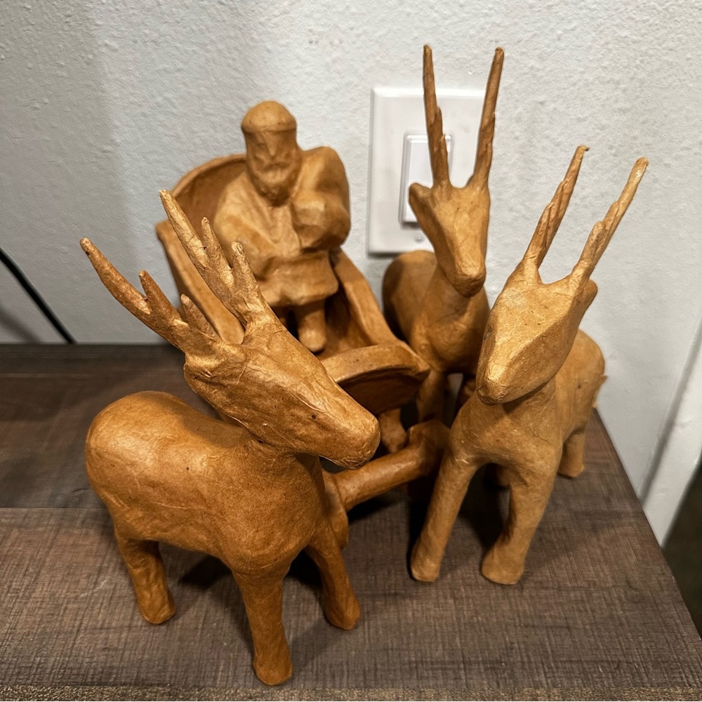 Paper Mache Santa, Sleigh and deer set